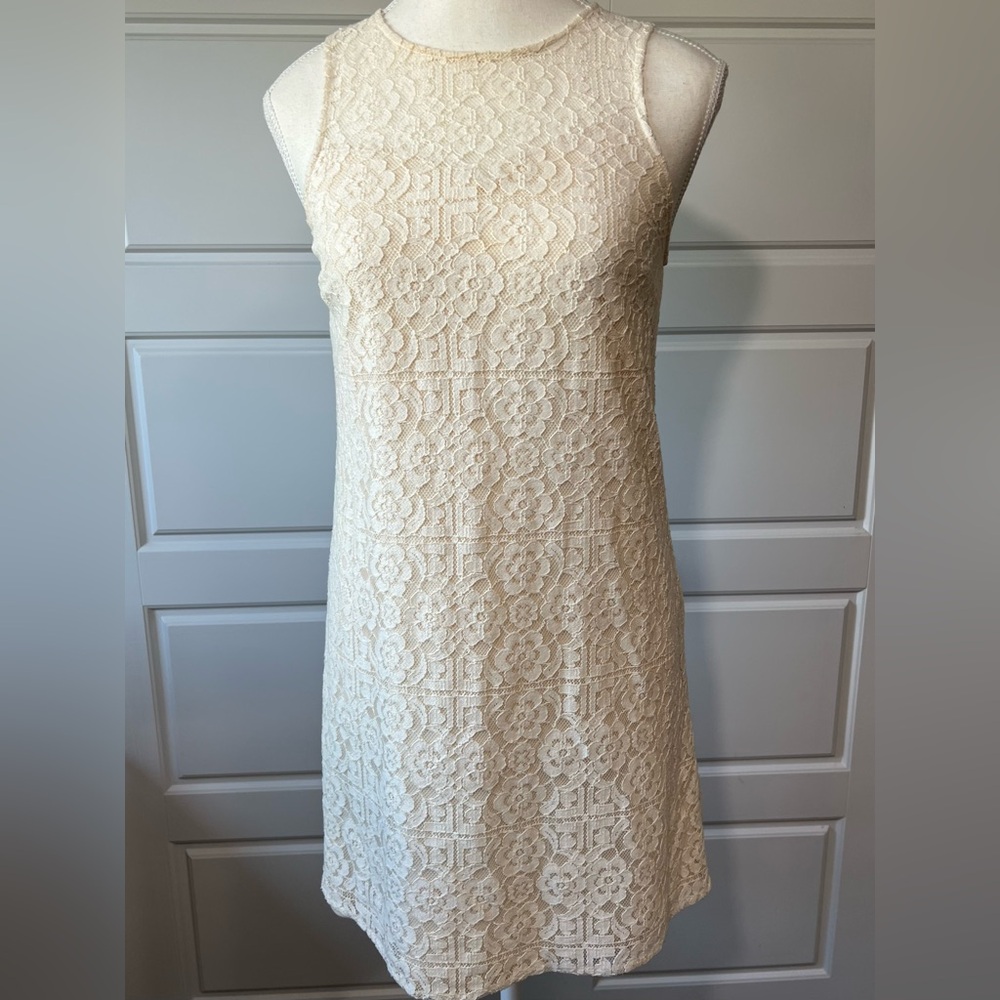 Bleuh Ciel Ivory Cream‎ Open Back Sleeveless Lace Sheath Mini Party Dress XS